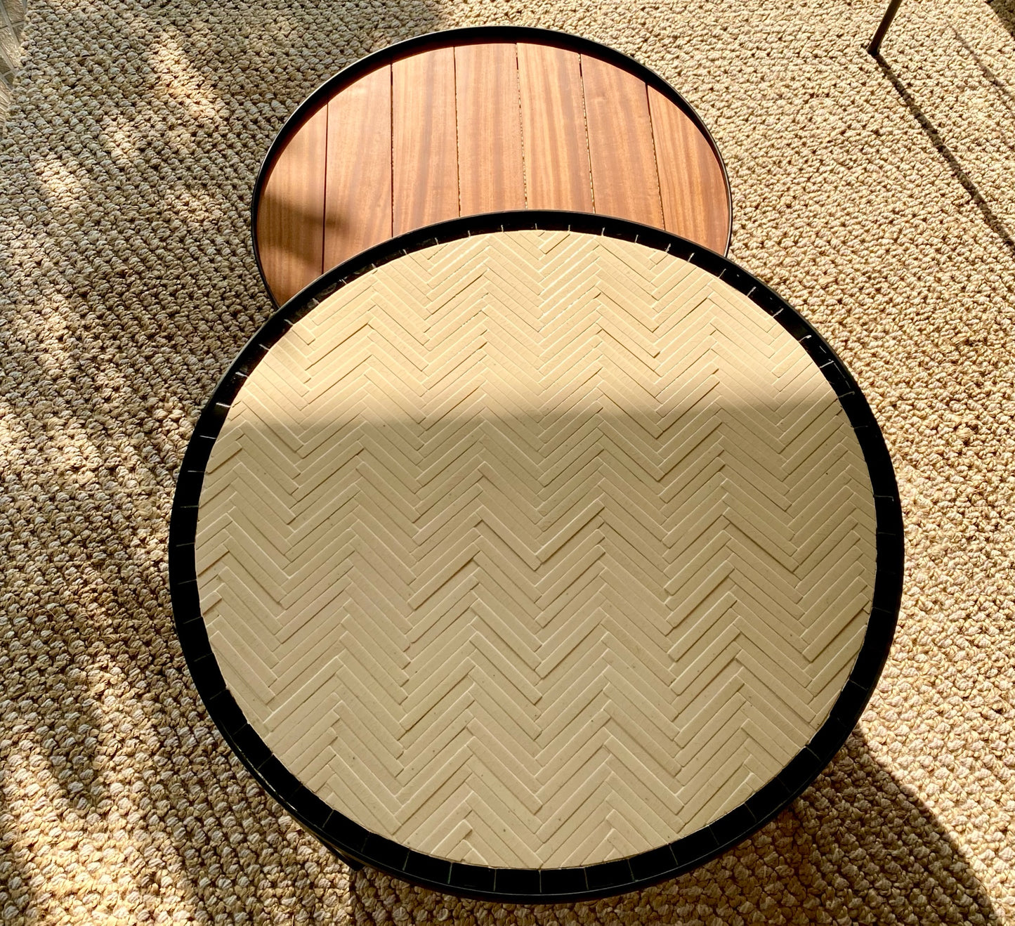 Chevron Tile and Wood Top Nest of Tables