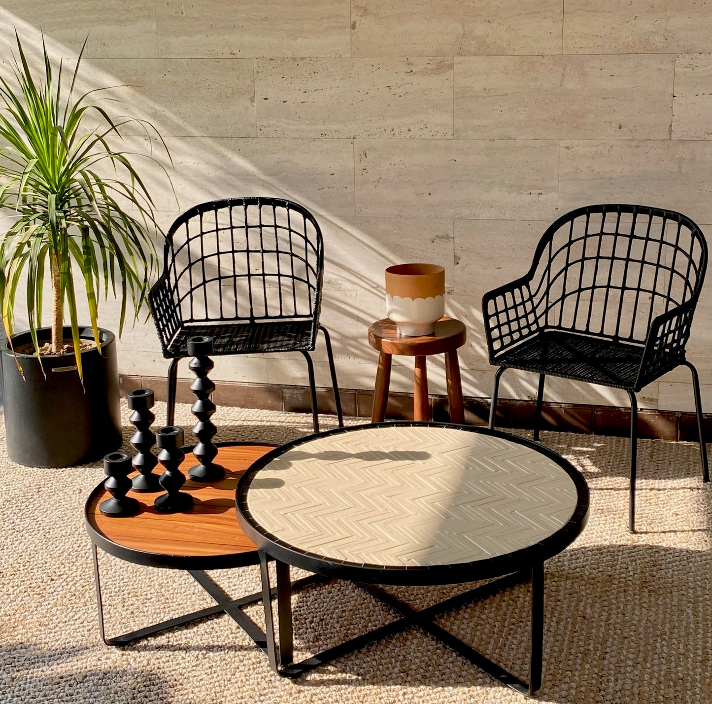 Chevron Tile and Wood Top Nest of Tables