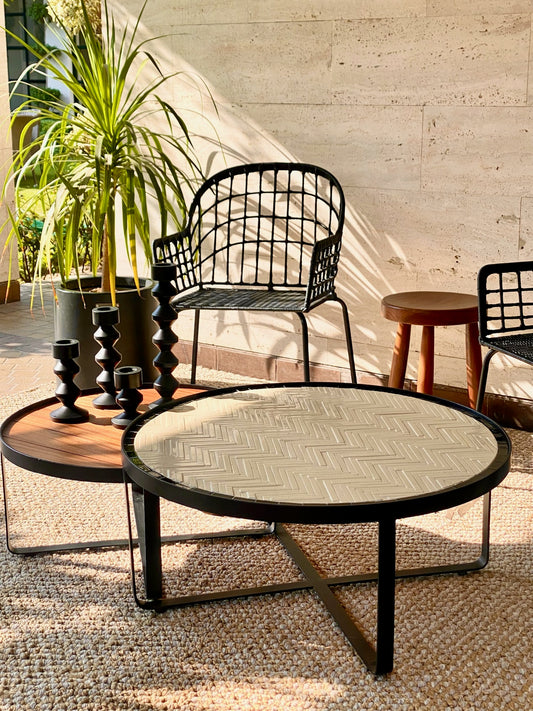 Chevron Tile and Wood Top Nest of Tables