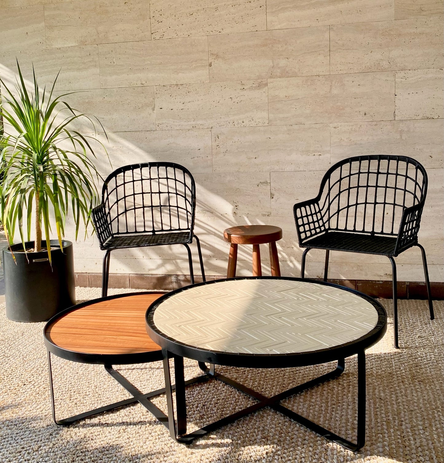 Chevron Tile and Wood Top Nest of Tables